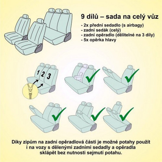 Poťahy sedadiel sada 9ks JACK III. AIRBAG