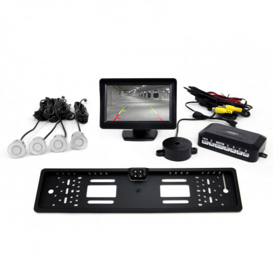 Asistenty parkovania TFT01 4,3" s kamerou CAM-402 LED v podložke pod ŠPZ, 4-senzorové, strieborné
